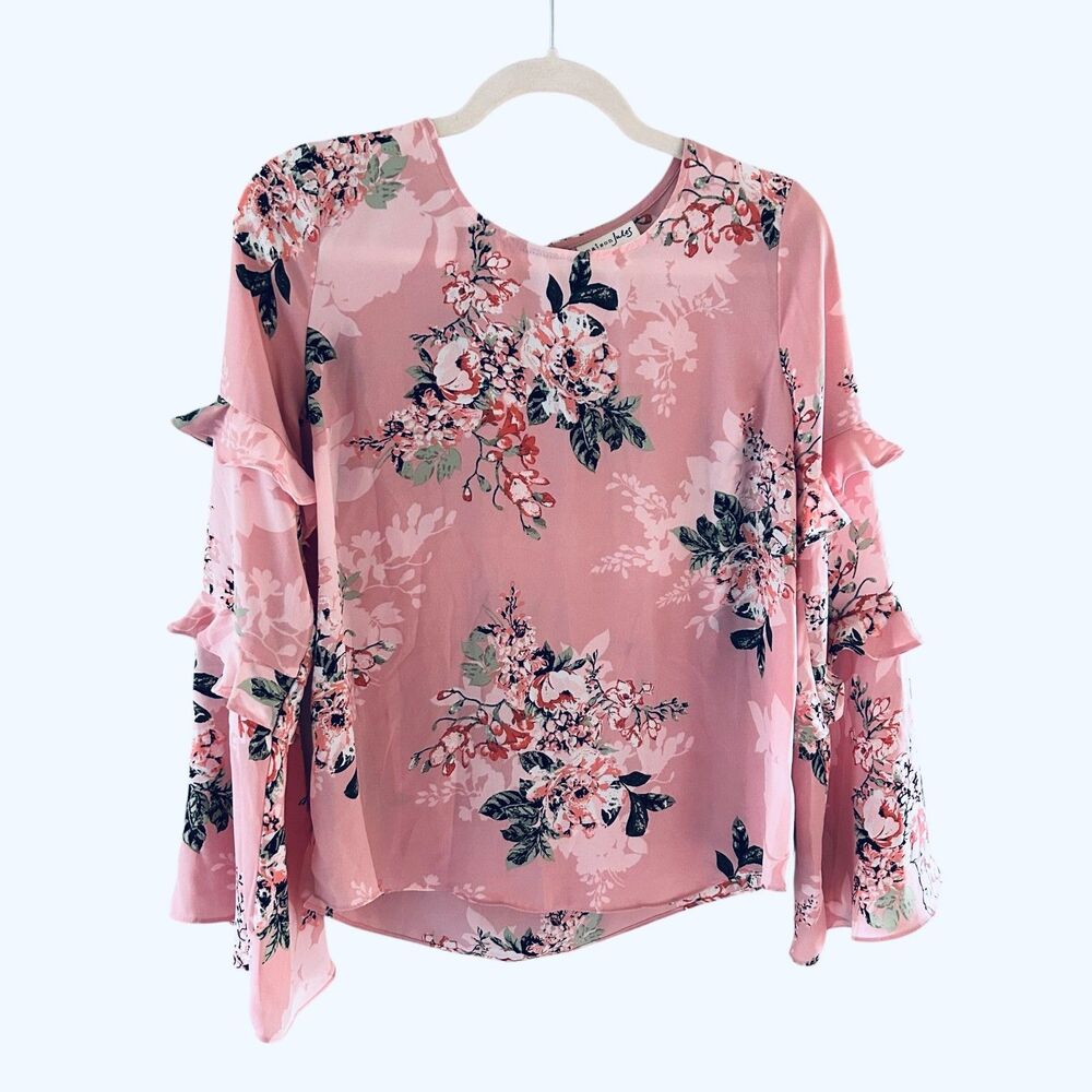 Maison Jules Pink Floral Ruffle Bell Sleeve Blouse Size S Semi Sheer